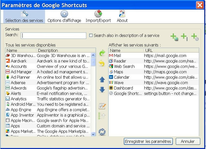 Google Shortcuts paramÃ©trage