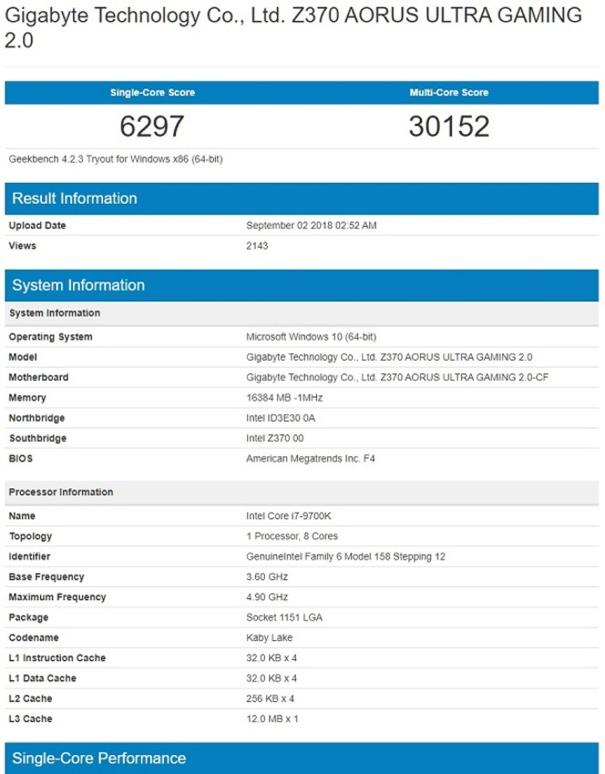 Intel Core i7 9700K Geekbench