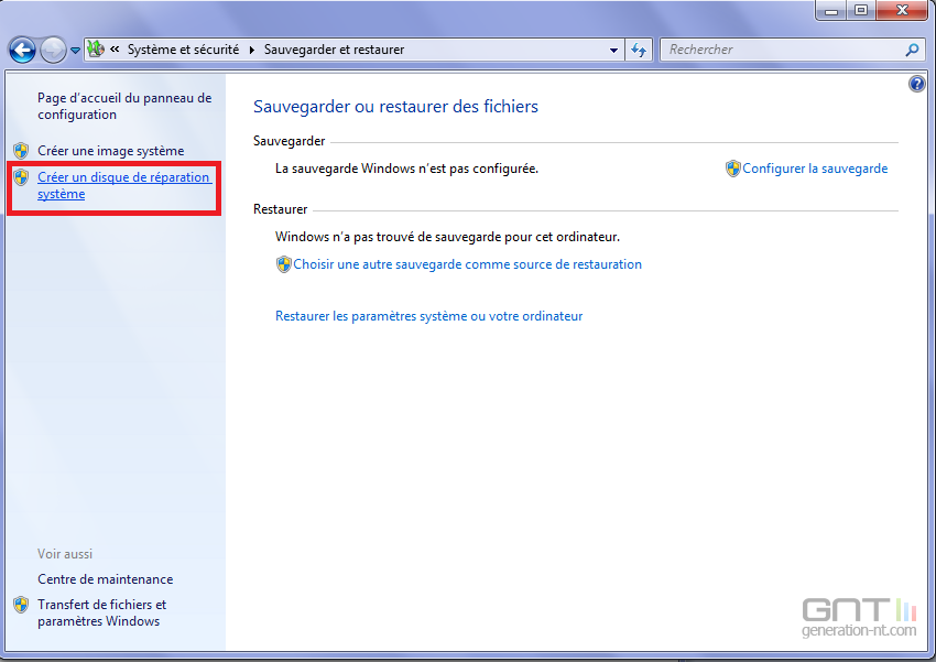 Disque restauration systÃ¨me Windows 7 3