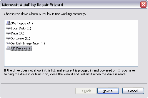 AutoPlay Repair Wizard screen1
