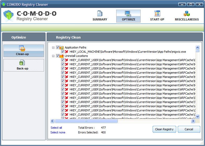 Comodo Registry Cleaner screen 1