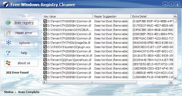 Free Windows Registry Cleaner screen