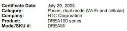 HTC Dream FCC certification