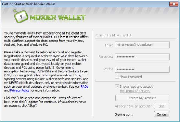 Moxier Wallet screen