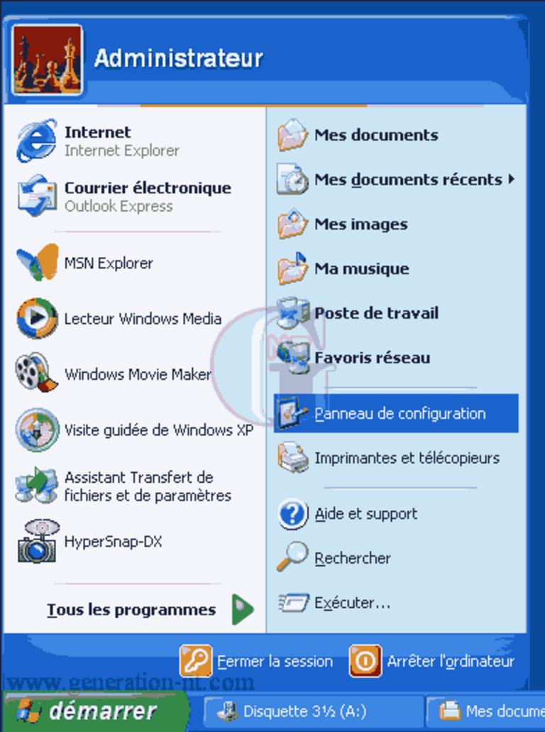 Article n° 7 - Installation de l'ADSL - modem ethernet - 03 menu démarrer administrateur windows xp