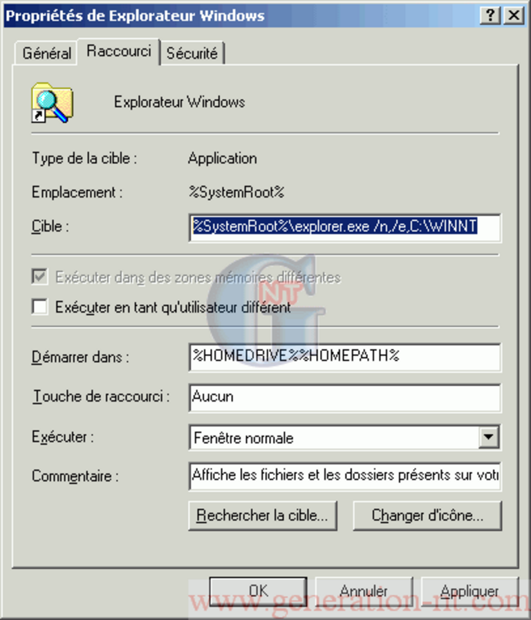 Article n° 44 - Choisir son r&eacute;pertoire initial au lancement de l'Explorateur Windows (NT / 2000 / XP) - 2