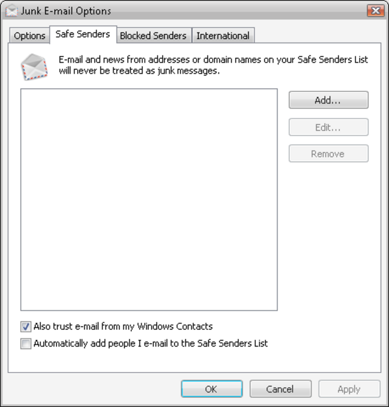 Article n° 107 - Test de Windows Vista - partie 2 - 13 - Windows Mail - SPAM - Junk e-mail options - Safe sender