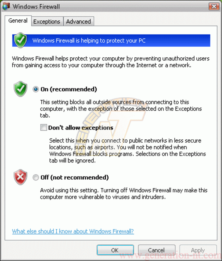 Article n° 107 - Test de Windows Vista - partie 2 - 25 - Windows Firewall - onglet 1