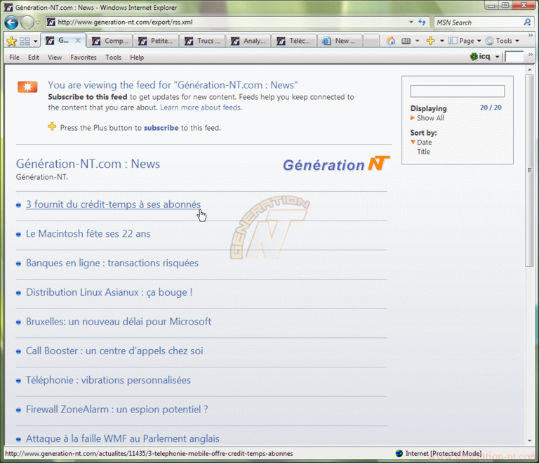 Article n° 107 - Test de Windows Vista - partie 2 - 41 - IE - Affichage du flux News de GNT