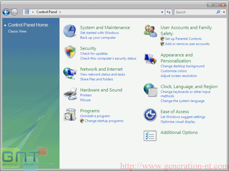Vista - Accueil Panneau de COnfiguration