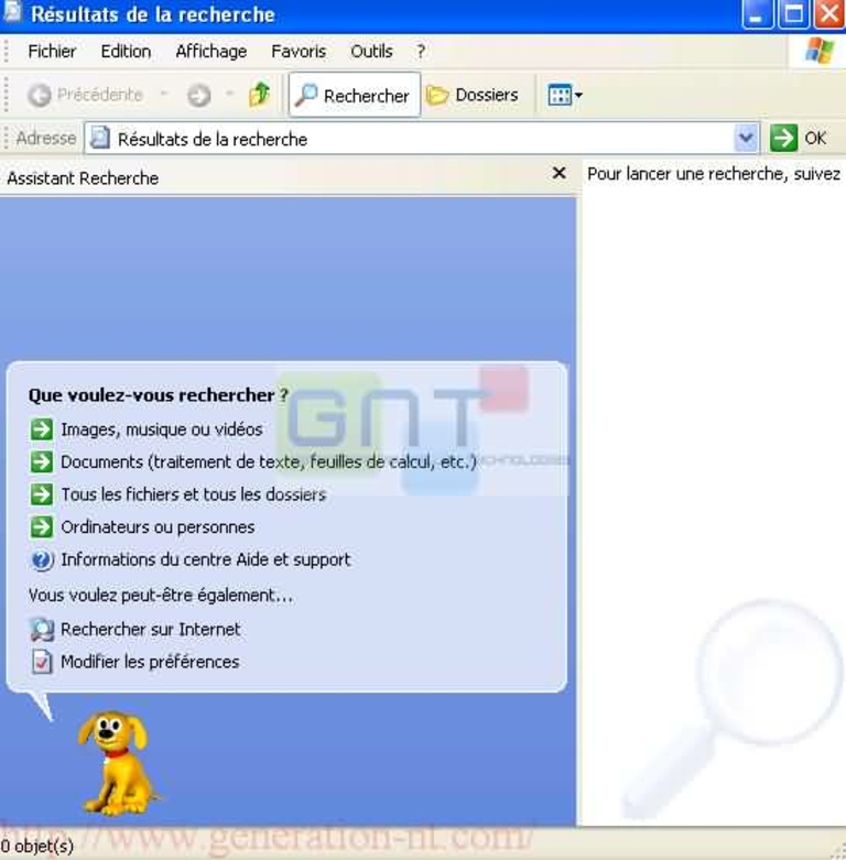 Menu de l'utilitaire de recherche