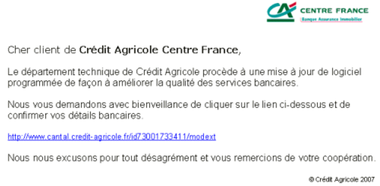 Arnaque phishing ; Crédit Agricole ; mars ; capture 1