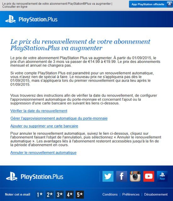 PlayStation Plus - augmentation tarif septembre 2015