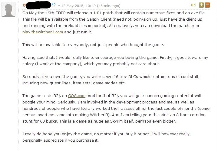 The Witcher 3 torrent - commentaire CD Projekt RED