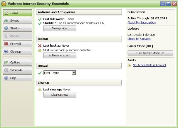 Webroot Internet Security Essentials screen