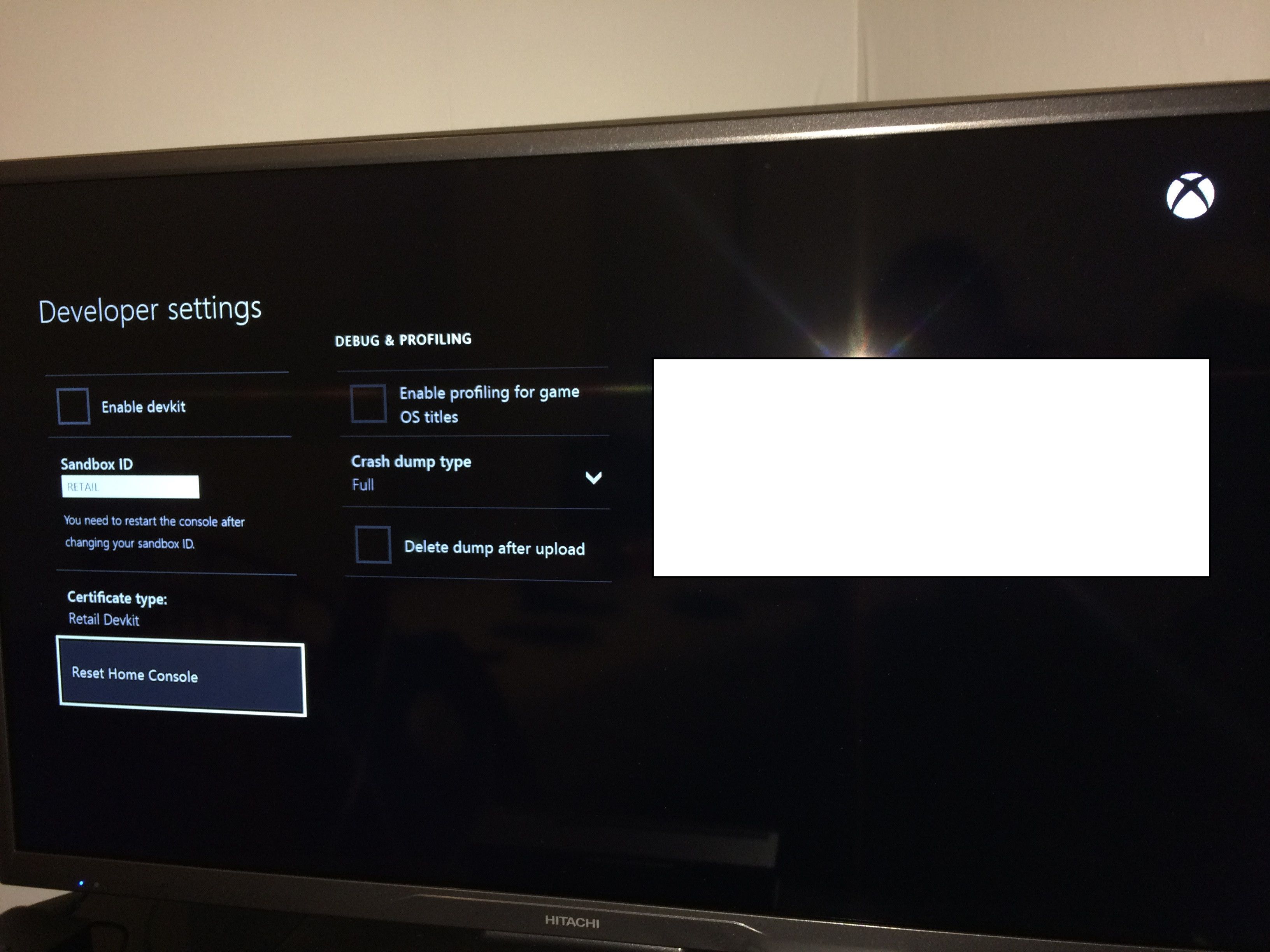 Xbox One - menu developpeur