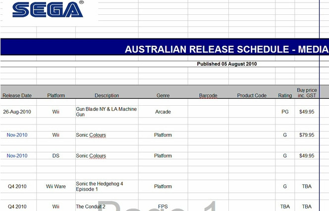 Sega  - Planning Sorties Australie - AoÃ»t 2010