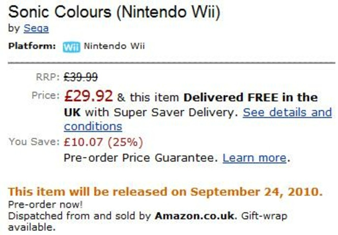 Sonic Colours Wii - Sortie Amazon