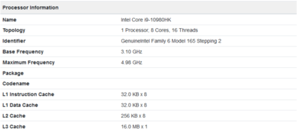 Intel Core i9-10980HK Geekbench