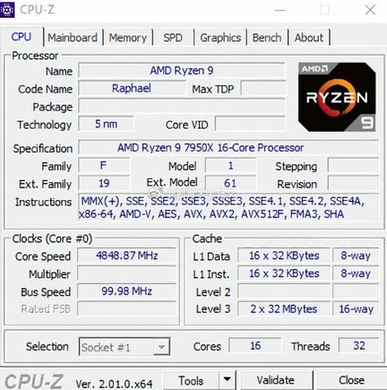 AMD Ryzen 9 7950X CPUZ