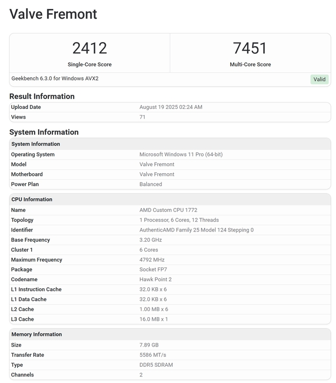 Valve Fremont Geekbench
