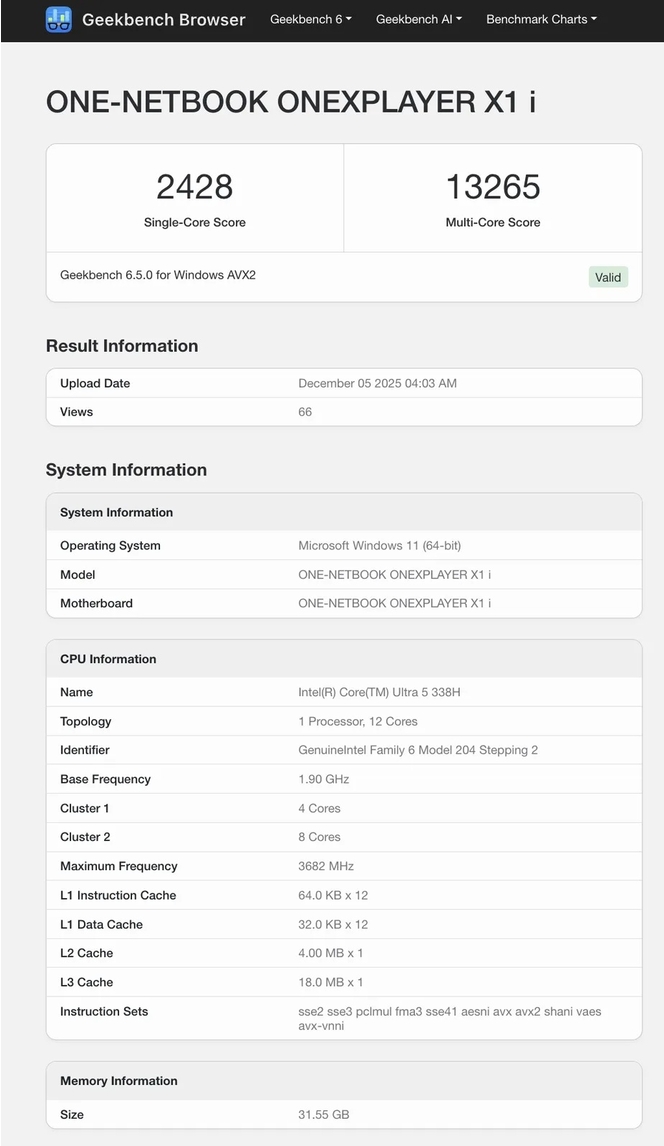 OneXPlayer X1 console portable geekbench 02