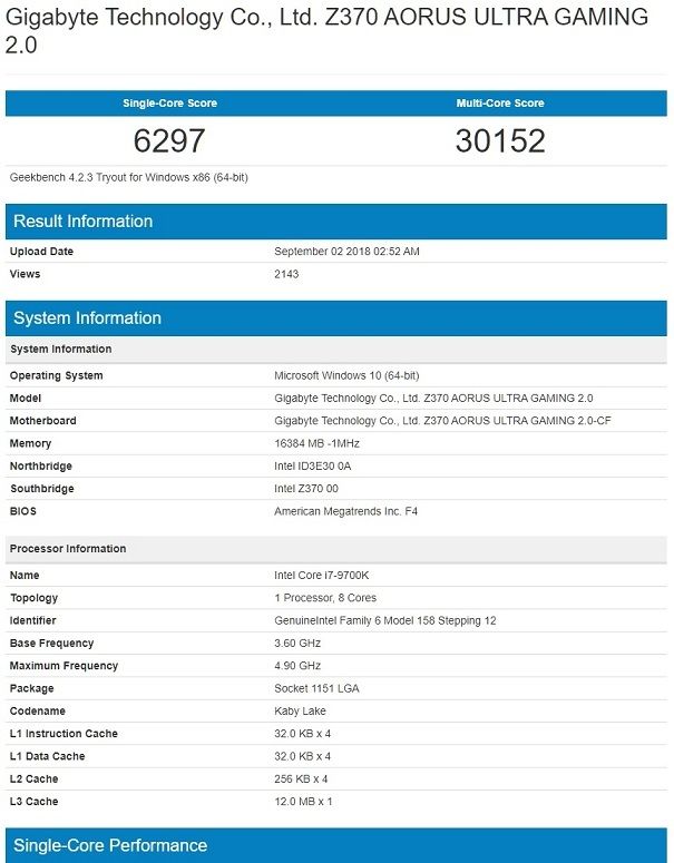 Intel Core i7 9700K Geekbench