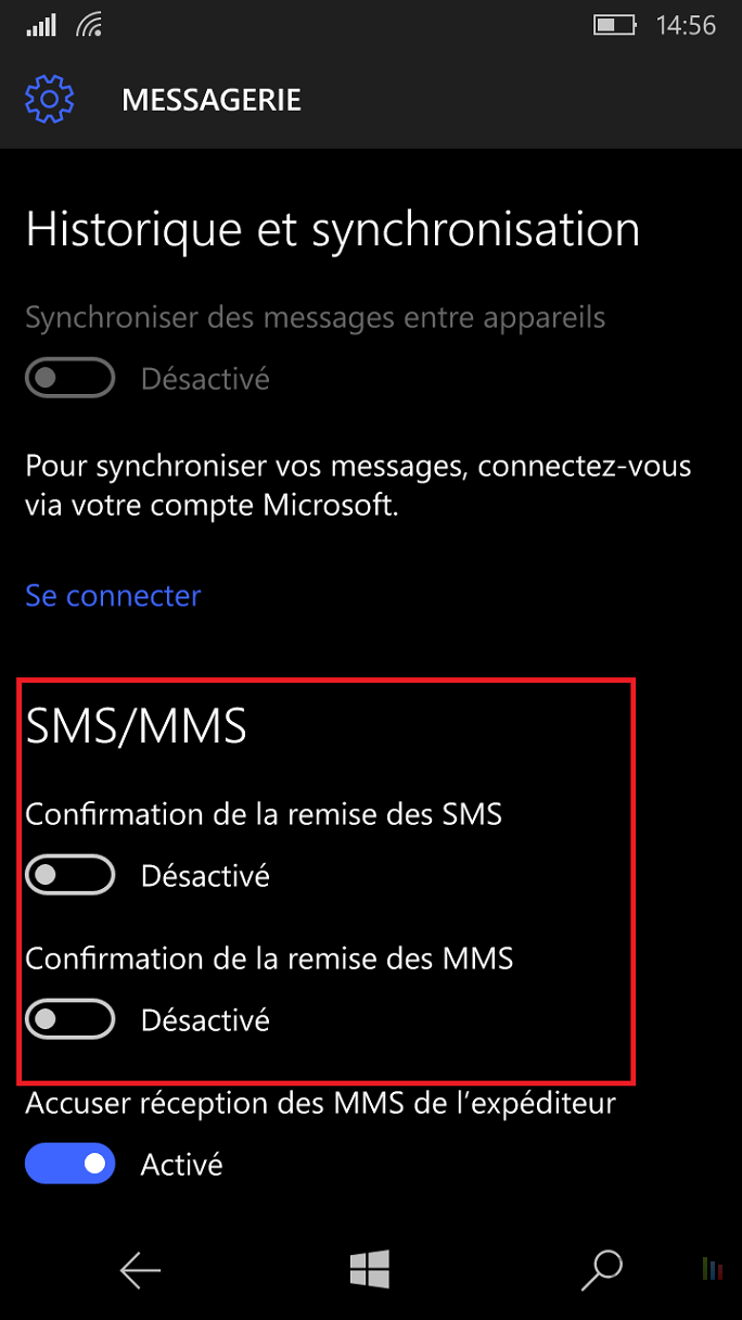 AccusÃ© rÃ©ception SMS MMS Windows 10 Mobile (4)
