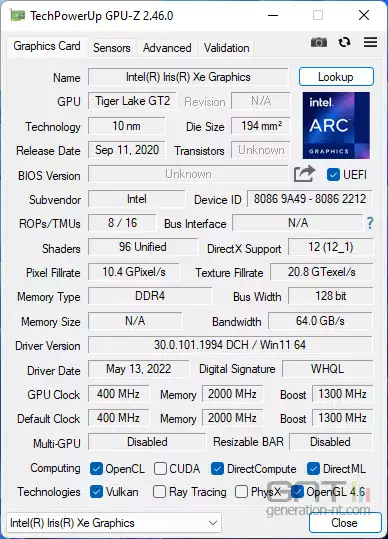Mini-PC GEEKOM Mini IT11 - GPU-Z