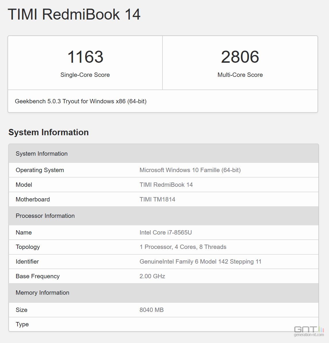 RedmiBook 14 - Geekbench CPU Score