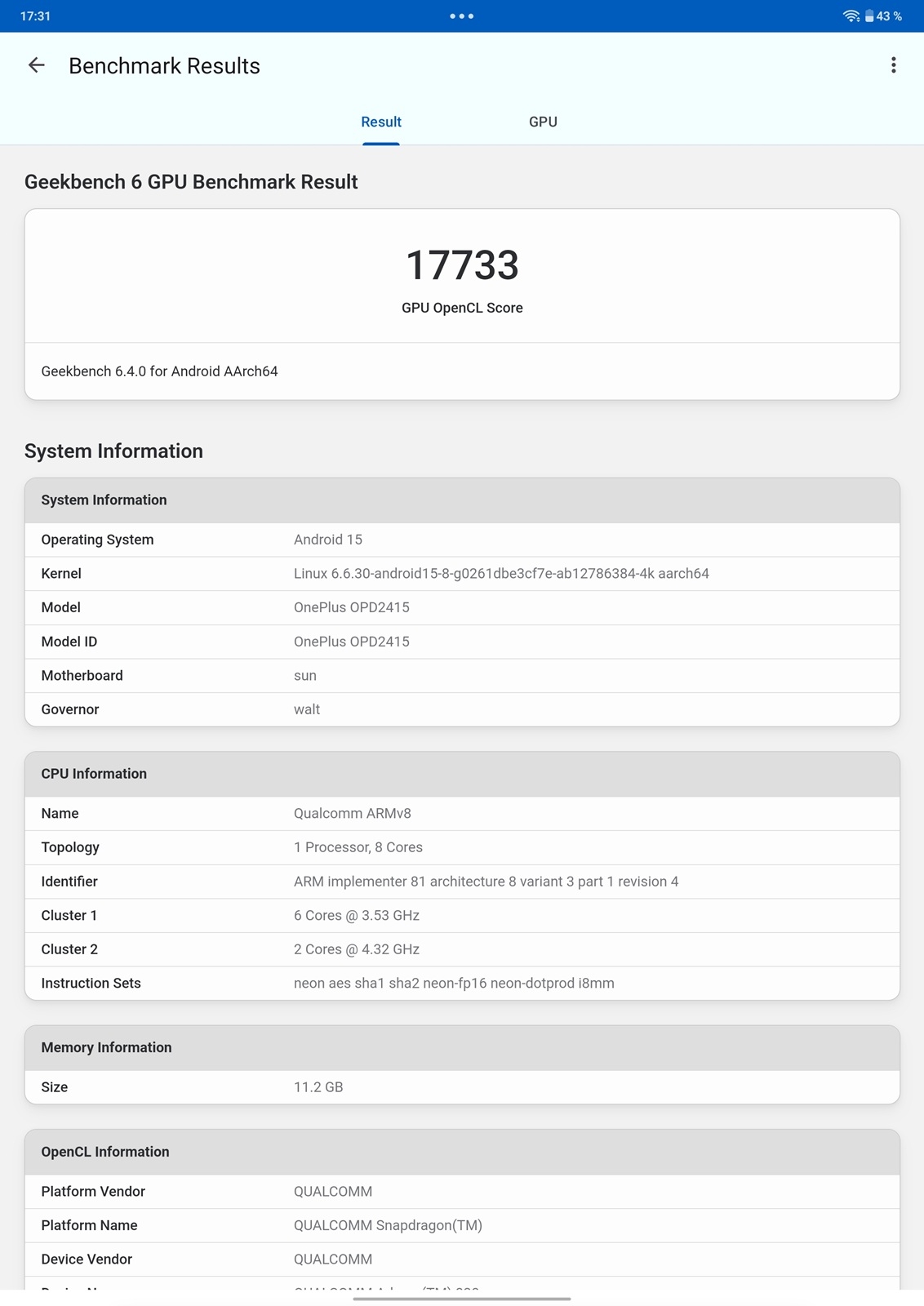 OnePlus Pad 3 Geekbench GPU