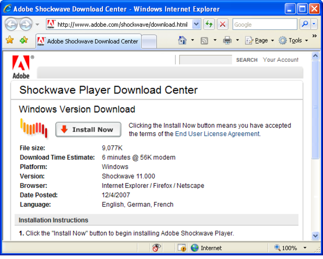 Adobe Shockwave Player screen2