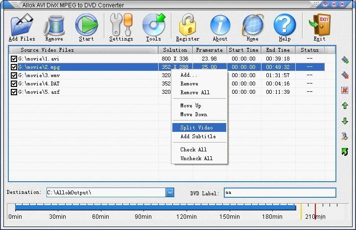 Allok AVI DivX MPEG to DVD Converter screen