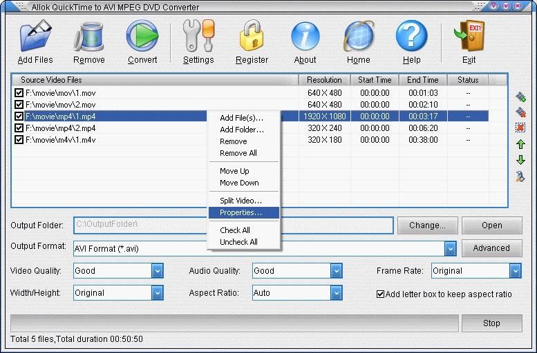 Allok QuickTime to AVI MPEG DVD Converter screen