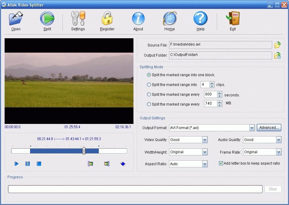 Allok Video Splitter screen