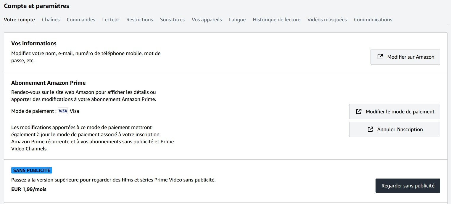 Amazon Prime video option publicite