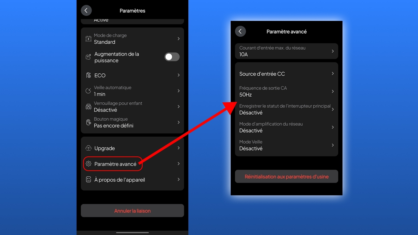 Appli Android Bluetti Apex 300 - ParamÃ¨tres avancÃ©s