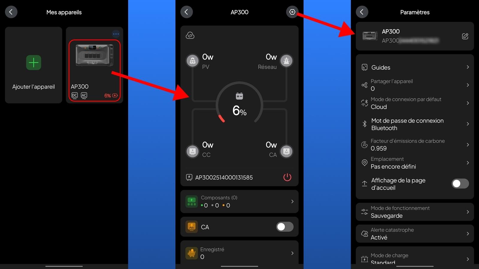 Appli Android Bluetti Apex 300 - Vue d'ensemble