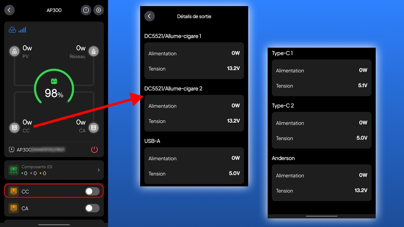Appli Android Bluetti Hub D1 - Sorties DC vue d'ensemble