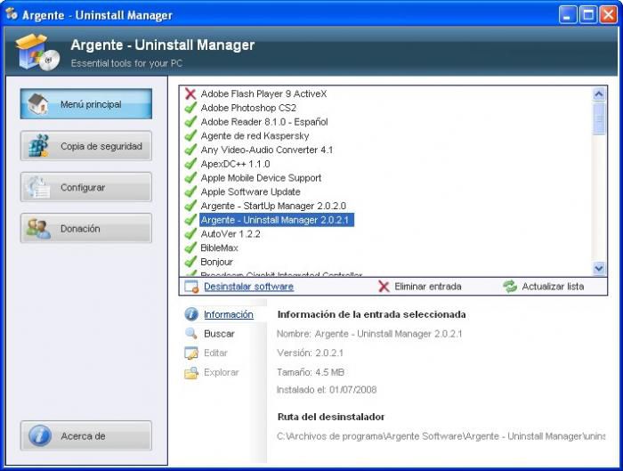 Argente Uninstall Manager screen 2