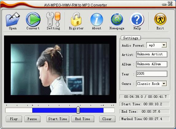 AVI MPEG WMV RM to MP3 Converter screen