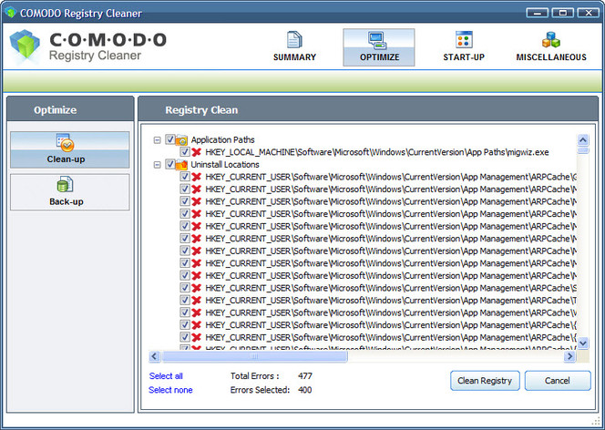 Comodo Registry Cleaner screen 1