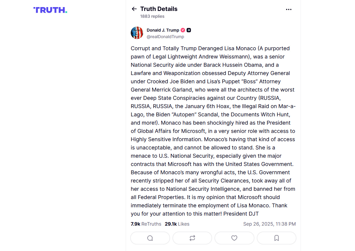 donald-trump-truth-social-lisa-monaco-microsoft