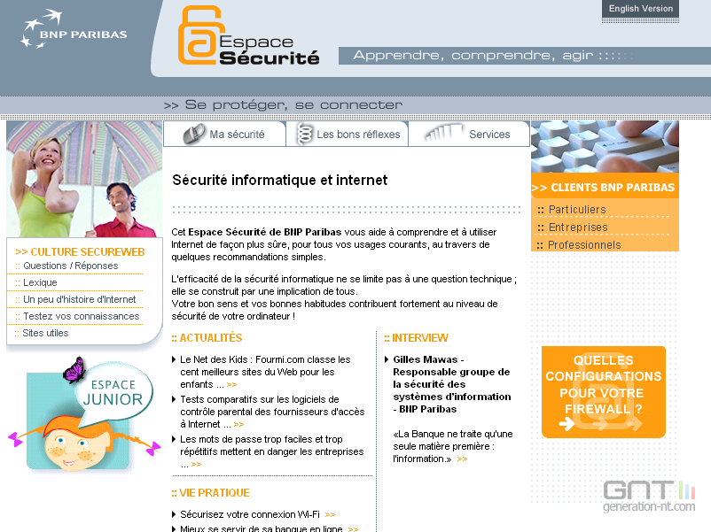 Espace Sécurité ; page d'accueil ; BNP Paribas