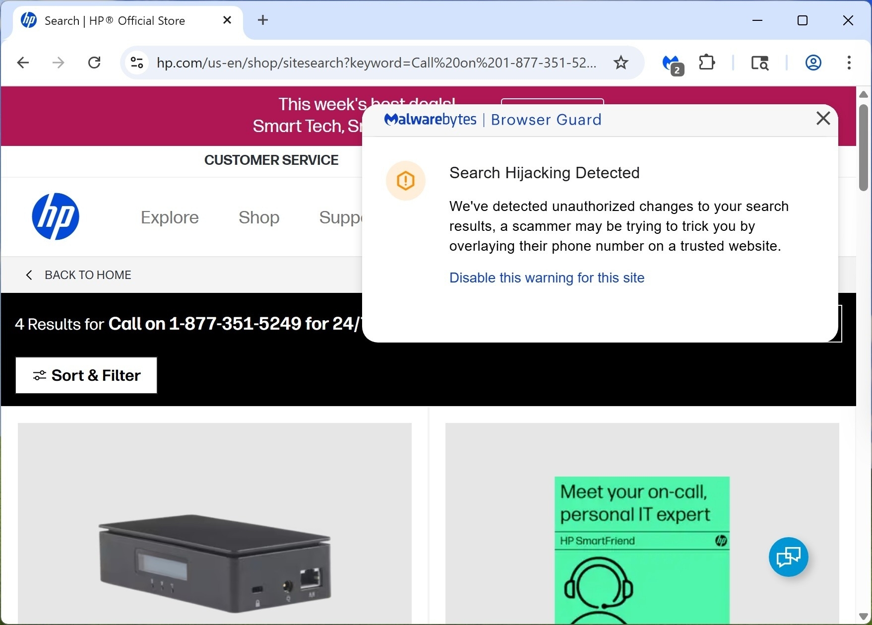 Faux-numÃ©ro-support-HP-malwarebyte