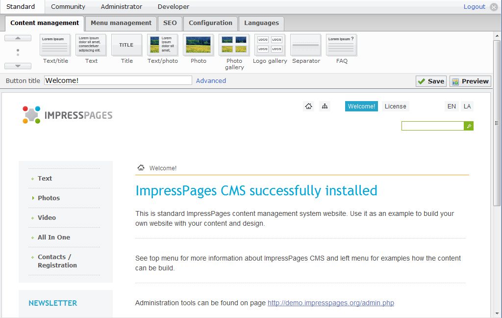Impresspages CMS screen2
