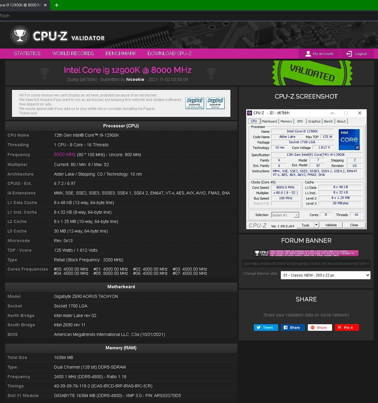Intel Core i9-12900K overclocking 8 GHz