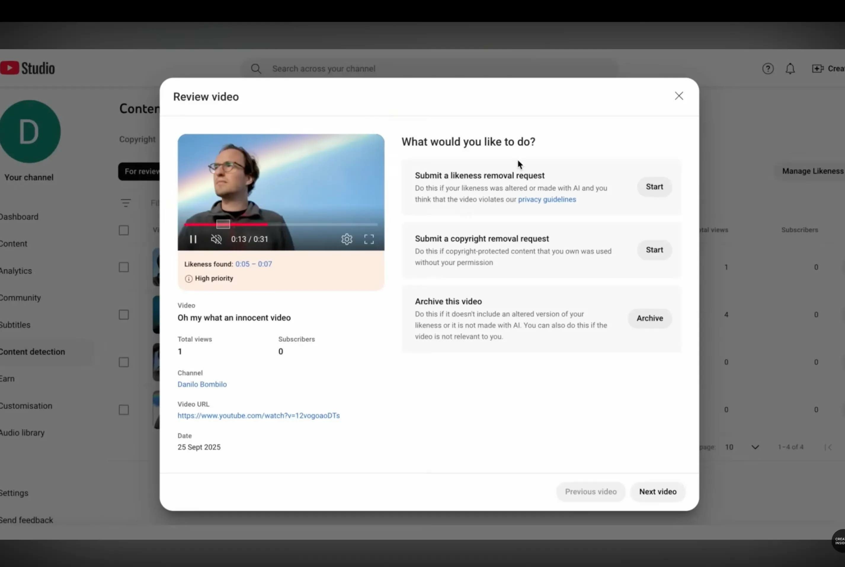Likeness Detection YouTube