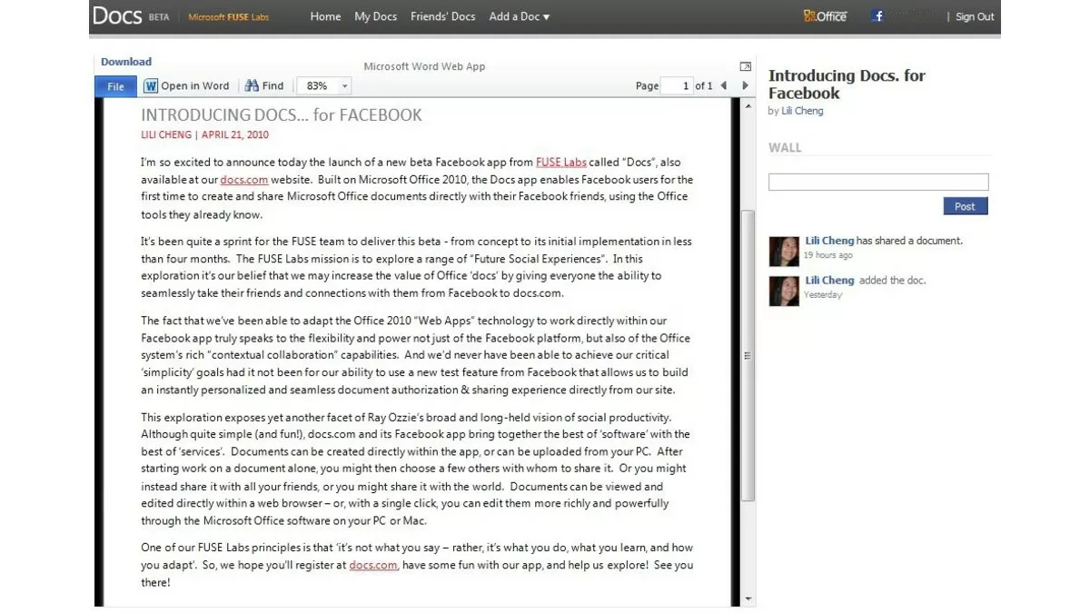 Docs : Microsoft Office intégré à Facebook