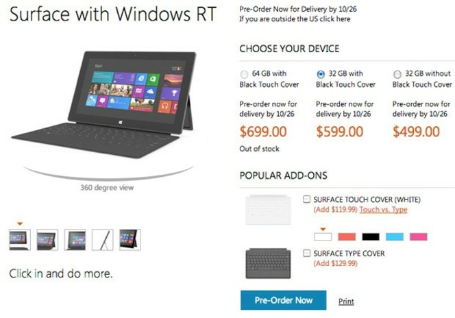 Microsoft Surface RT prix